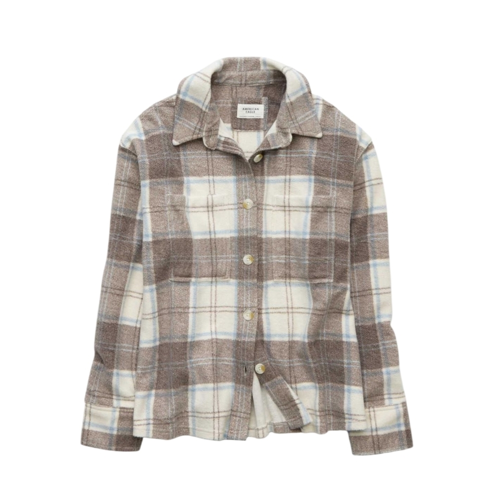 American Eagle Woman's Fleece Plaid Shacket Brown Size Small